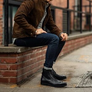 TOMS Men's Black Leather Wingtip Lace Up Brogue Boots with Vibram Soles